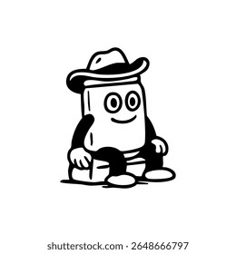 Cartoon character, rectangular shape, wearing a cowboy hat and pants, sitting