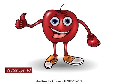 cartoon character red apple smiling cheerful thumbs up, realistic vector illustration
