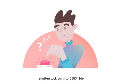 Cartoon character and red button. A person makes a difficult choice, presses the red button, an alternative decision, makes a decision. Danger Button Concept