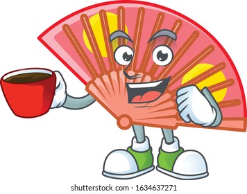 cartoon character of red chinese folding fan with a cup of coffee