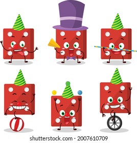 Cartoon character of red dice with various circus shows. Vector illustration