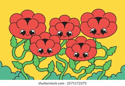 Cartoon character red flowers gathered with happy smiling face in vibrant background in hand drawn vector illustration for cheerful illustrations and gardening themes