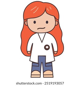 Um personagem de desenho animado de cabelo vermelho vestindo um jaleco e calças casuais, representando um cientista.