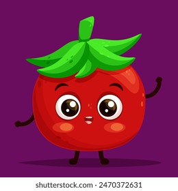 Cartoon character red happy tomato standing and waving hand, excited smiling expression, saying hello, flat vector illustration.