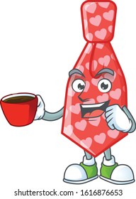 cartoon character of red love tie with a cup of coffee