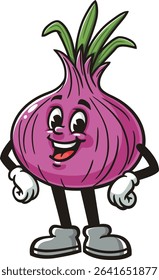 Cartoon character red onion is laughing happily
