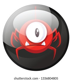 Cartoon character of a red spider looking monster with one eye vector illustration in black circle on white background.