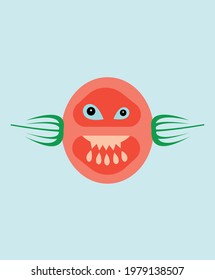 cartoon character red tomato cutaway on blue background