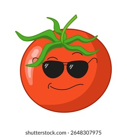 Cartoon character. Red tomato with sunglasses on white background. Vector illustration of vegetables for menu, children's book, print.