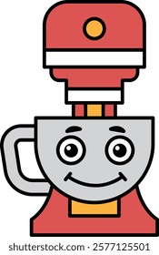 A cartoon character with a red and white mixer on his head