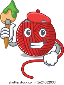 Cartoon character of red wool yarn Artist with a brush