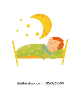 Cartoon character of red-haired boy sleeping in bed under warm blanket. Big yellow moon and little stars. Bedtime concept. Daily routine. Colorful flat vector design