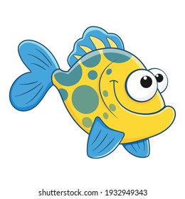 Cartoon character Reef fish isolated on white background. Tropical underwater aquatic creature. Template of cute ocean fish. Education card for kids learning animals. Vector design in cartoon style