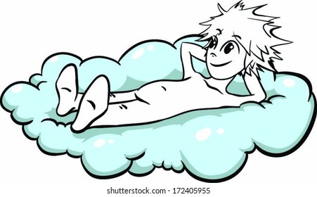 Cartoon character relaxing on a cloud