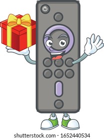 personaje de dibujos animados de control remoto TV con una caja de regalo
