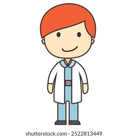 A cartoon character representing a doctor in a white coat with orange hair.