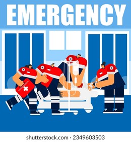 Cartoon character of resuscitation critical patient at the emergency rooms by professional medical team.