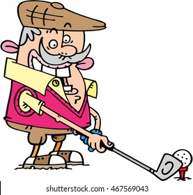Cartoon character of retired man playing golf 