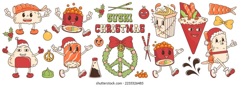 Cartoon character retro asian food 70s. Big christmas sticker set with sushi, ramen, roll, soy sauce, wasabi, shrimp. In trendy groovy hippie retro style. Vector illustration with typography elements.