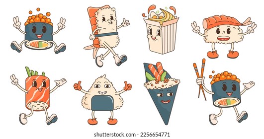 Cartoon character retro asian food 70s. Big set with sushi, ramen, roll. In trendy groovy hippie retro style. Vector illustration.