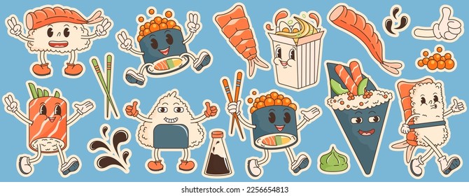 Caricatura de cocina retro asiática de los 70. Gran sticker con sushi, ramen, roll, salsa de soja, wasabi, camarón. En un estilo retro hippie a la moda. Ilustración vectorial con elementos tipográficos.