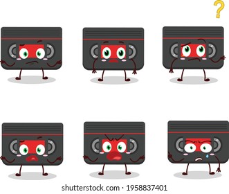 Cartoon character of retro cassette with what expression