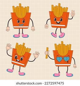 Cartoon character retro French fries food 70s street food. In trendy groovy hippie retro style. 