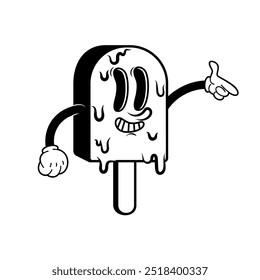 Cartoon character. Retro character of ice cream. Rubber hose ice cream cartoon mascot. Design element for emblem, sign, poster, menu, card. Vector illustration