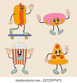 Cartoon character retro pizza, hot dog,  donut,  popcorn,  fast food 70s. In trendy groovy hippie retro style. 