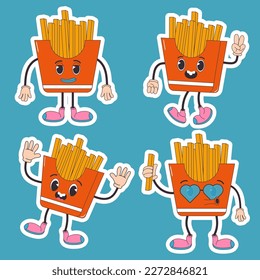 Cartoon character retro sticker  French fries food 70s. In trendy groovy hippie retro style. 