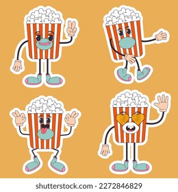Cartoon character retro sticker popcorn food 70s. In trendy groovy hippie retro style. 