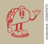 Cartoon character. Retro character of taco. Rubber hose taco cartoon mascot. Design element for emblem, sign, poster, menu, card. Vector illustration