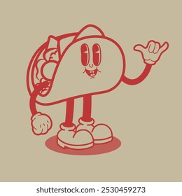 Cartoon character. Retro character of taco. Rubber hose taco cartoon mascot. Design element for emblem, sign, poster, menu, card. Vector illustration