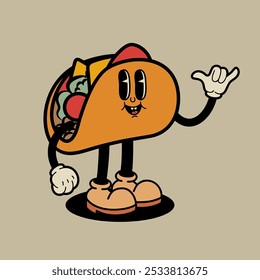 Personagem de desenho animado. Caráter retrô do taco. Mascote de caricatura de mangueira de borracha. Elemento de design para emblema, sinal, cartaz, menu, cartão. Ilustração vetorial