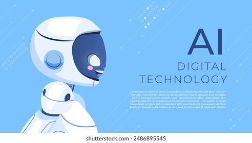 Cartoon character robot woman. AI Content Generator. Chatbot technology. Technology and engineering concept. AI chat bot based on artificial intelligence and neural networks. Online web banner.