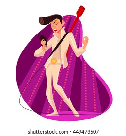 Cartoon character rock star  in white costume with guitar  singing on a stage vector illustration