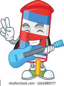 A cartoon character of rocket USA stripes playing a guitar