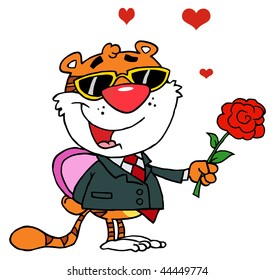 Cartoon Character Romantic Tiger with Rose and Gift