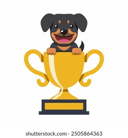 Cartoon character rottweiler dog with gold trophy cup award for design.