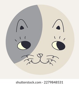 Cartoon character, round cat muzzle. Mascot design, abstract cat portrait with black eyes. Funny avatar, emoji icon, cute figure. Isolated on white
