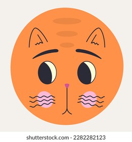 Cartoon character, round kitten face. Emoji sticker, abstract round kitten muzzle with black eyes. Colored shape, Head figure, mascot design. Isolated on white
