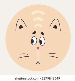 Cartoon character, round kitten muzzle. People face, pretty cat with black eyes. Funny creature, expression of emotions, cute illustration. Isolated on white
