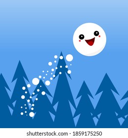 cartoon character round snowball laughs and flies against the background of blue sky and tops of christmas trees concept of winter and cold season