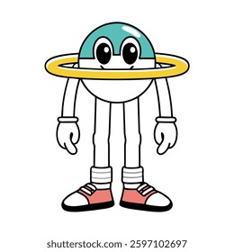 Cartoon character, round teal head, large eyes, yellow ring around middle, white body, striped torso, gloved hands, red sneakers, simple design, retro style, cute alien, minimalist, vector art