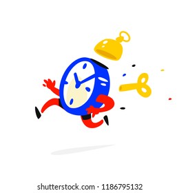 Cartoon character running alarm clock. Vector illustration. Time is up. The clock is running. Image is isolated on white background. Flat illustration for banner, print and website. Mascot company.