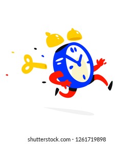 Cartoon character running alarm clock. Vector illustration. Time is up. The clock is running. Image is isolated on white background. Flat illustration for banner, print and website. Mascot company.