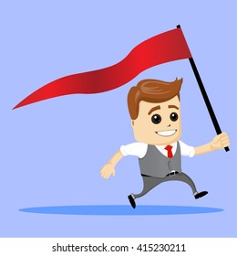 Cartoon character running with red flag. Manager character. Flat character. 