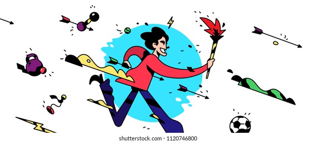 A cartoon character is running with a torch. Vector illustration. The office employee is running. Illustration for a website, banner or print. A corporate character is isolated on a white background.