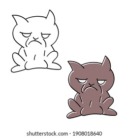 Caricatura de color de gato triste y contorno sobre fondo blanco