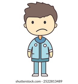 A cartoon character with a sad expression, wearing a blue outfit.